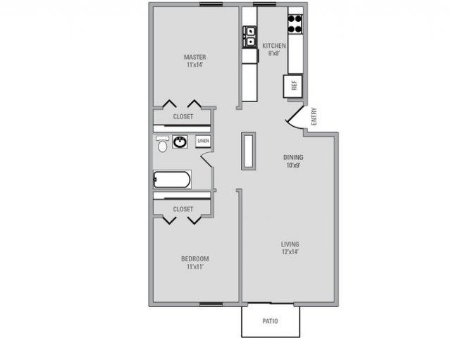 Floor plan for 2 beds, 1 bath, 856 sqft