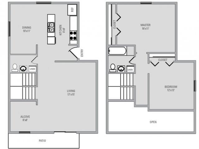 Floor plan for 2 beds, 1.5 baths, 1226 sqft