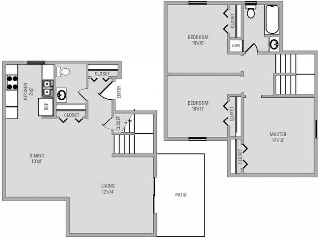 Floor plan for 3 beds, 1.5 baths, 1244 sqft