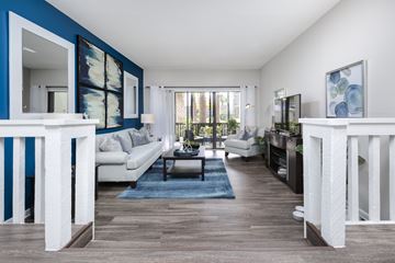 Orlando apartment for rent - A living room with a white couch and a blue rug.
