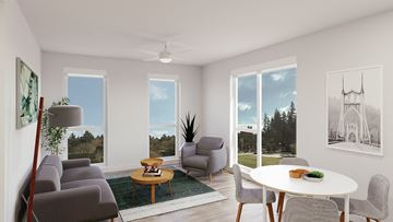 Portland apartment for rent - an artist rendering of a living room with a white table and chairs
