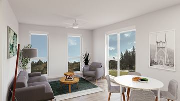 Portland apartment for rent - an artist rendering of a living room with a white table and chairs