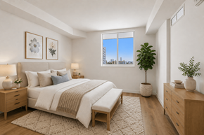 Miami apartment for rent - Bright primary bedroom with large window, walk-in closet, and contemporary finishes at Riverview One Apartments near Brickell, the Miami River, and Downtown Miami.