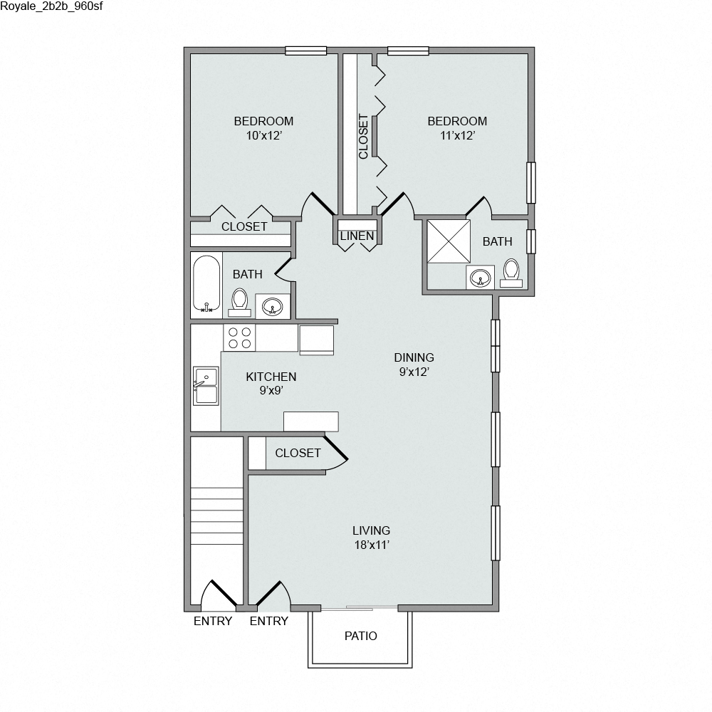 Floor plan for 2 beds, 2 baths, 960 sqft