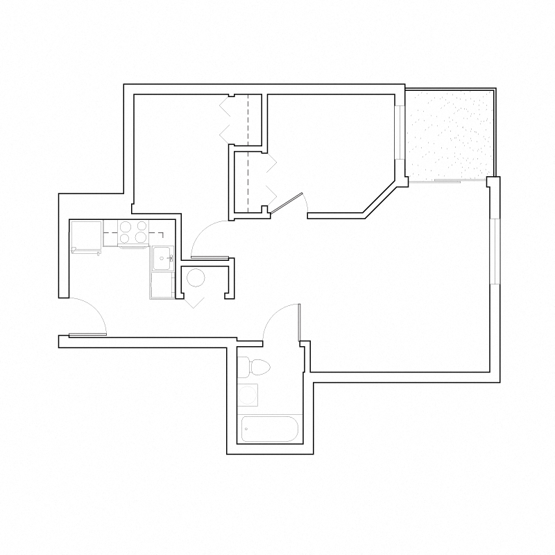 Floor plan for 2 beds, 1 bath, 630 sqft