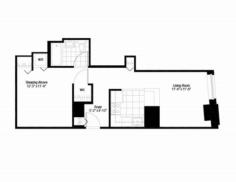 Floor plan for studio, 1 bath, 598 sqft