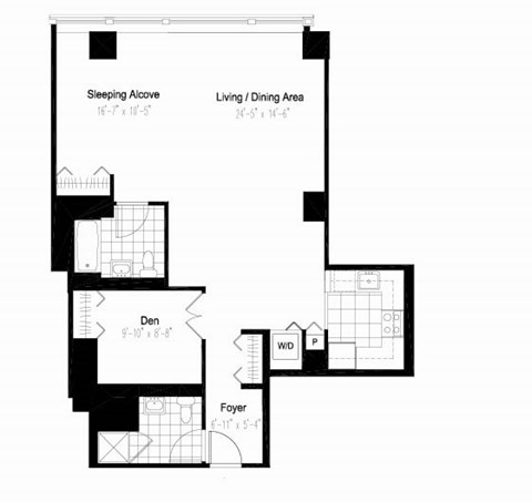 Floor plan for studio, 1 bath, 704 sqft