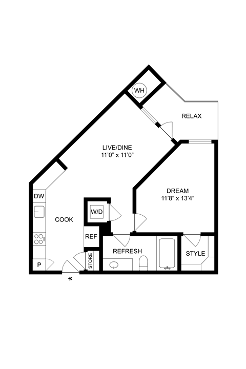Floor plan for 1 bed, 1 bath, 657 sqft