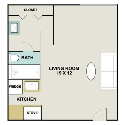 Floor plan for studio, 1 bath, 330 sqft