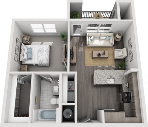 Floor plan for 1 bed, 1 bath, 644 sqft