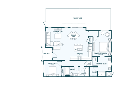 Floor plan for 2 beds, 2 baths, 1319 sqft