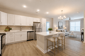 Norcross apartment for rent - Open-concept one and two bedroom apartment with quartz countertops, stainless steel appliances, kitchen island, and spacious living area at Sage 5430 in Norcross, GA near Buford Highway and I-85.