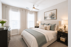 Norcross apartment for rent - Spacious primary bedroom with natural light and modern finishes inside a Sage 5430 one bedroom apartment in Norcross, Georgia.
