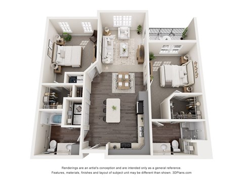 Floor plan for 2 beds, 2 baths, 1032 sqft