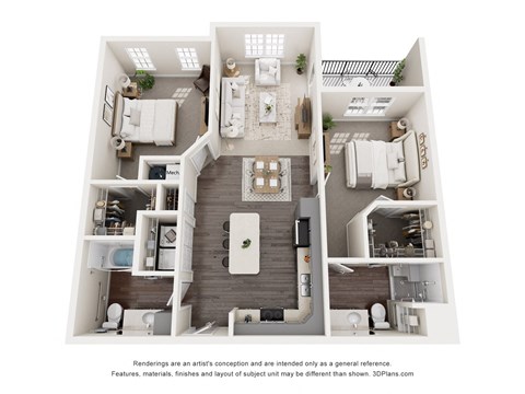 Floor plan for 2 beds, 2 baths, 1038 sqft