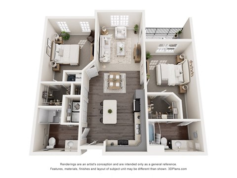 Floor plan for 2 beds, 2 baths, 1047 sqft