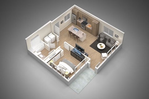 Floor plan for 1 bed, 1 bath, 692 sqft