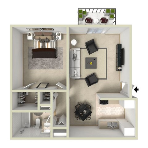 Floor plan for 1 bed, 1 bath, 610 sqft