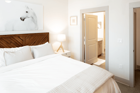 Dallas apartment for rent - A bedroom with a large bed and a painting of a horse on the wall.