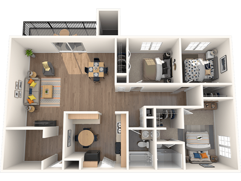 Floor plan for 3 beds, 2 baths, 1310 sqft