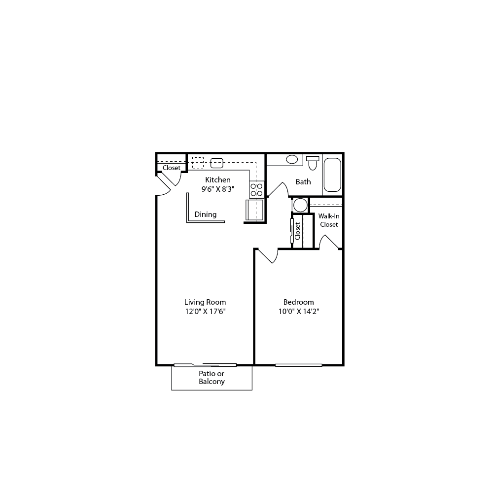 Floor plan for 1 bed, 1 bath, 680 sqft
