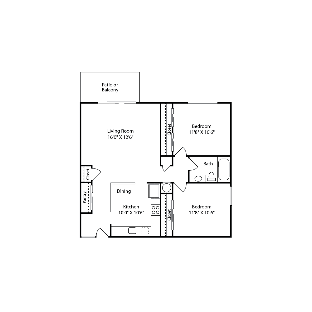 Floor plan for 2 beds, 1 bath, 851 sqft
