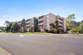 Daly City apartment for rent - Two-Bedroom Apartments in Daly City, CA - Serra Commons - Apartment Building Exterior With Private Balconies, Street View, Landscaped Entry, And Mature Trees.