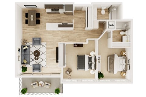 Floor plan for 2 beds, 2 baths, 1030 sqft