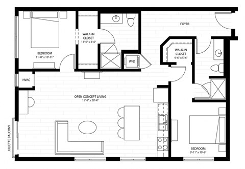 Floor plan for 2 beds, 2 baths, 1133 sqft