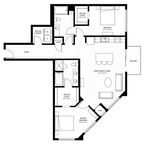 Floor plan for 2 beds, 2 baths, 1245 sqft