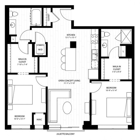 Floor plan for 2 beds, 2 baths, 960 sqft