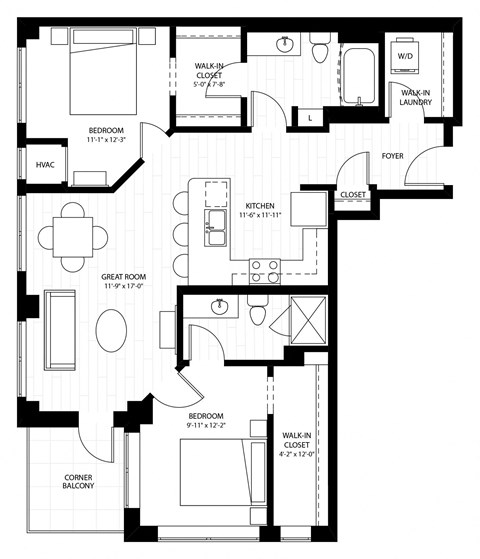 Floor plan for 2 beds, 2 baths, 999 sqft