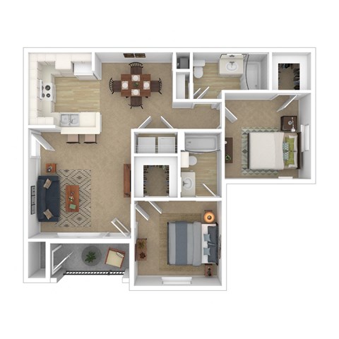 Floor plan for 2 beds, 2 baths, 987 sqft