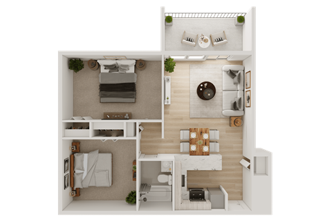 Floor plan for 2 beds, 1 bath, 773 sqft