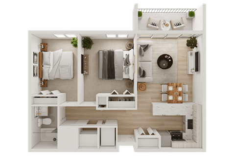 Floor plan for 2 beds, 1 bath, 864 sqft