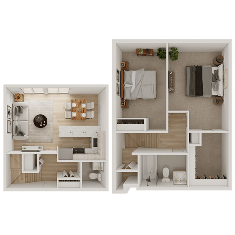 Floor plan for 2 beds, 1.5 baths, 895 sqft