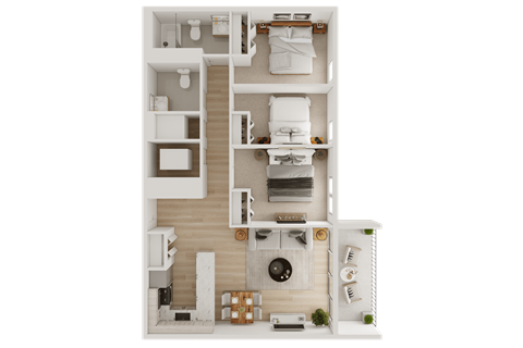 Floor plan for 3 beds, 2 baths, 1070 sqft