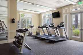 Alameda apartment for rent - A gym with treadmills, weights, and a television.