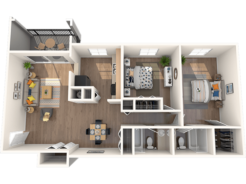 Floor plan for 2 beds, 2 baths, 1048 sqft