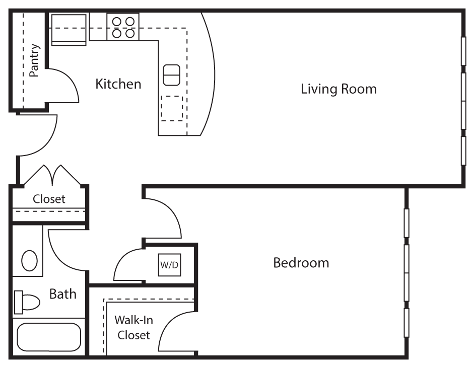 Floor plan for 1 bed, 1 bath, 746 sqft