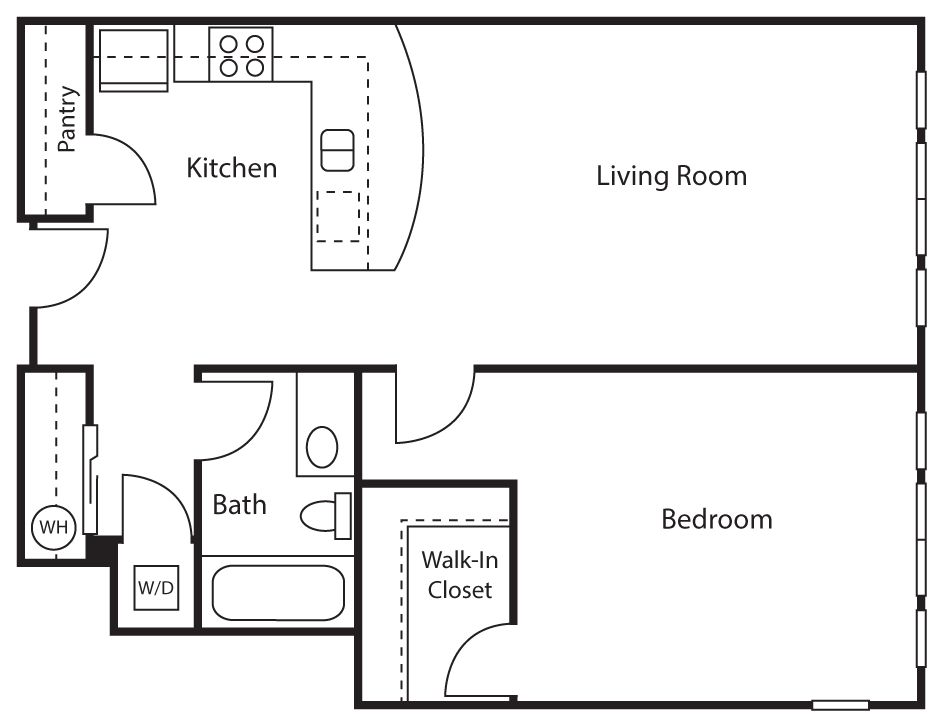 Floor plan for 1 bed, 1 bath, 770 sqft