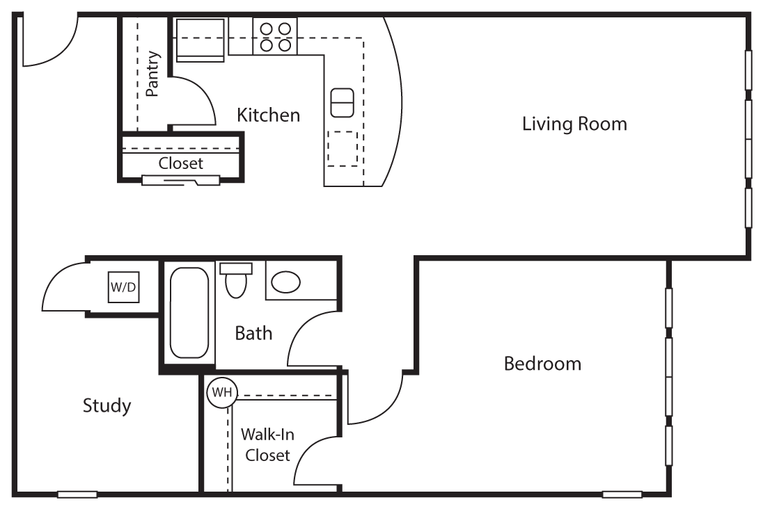Floor plan for 1 bed, 1 bath, 850 sqft