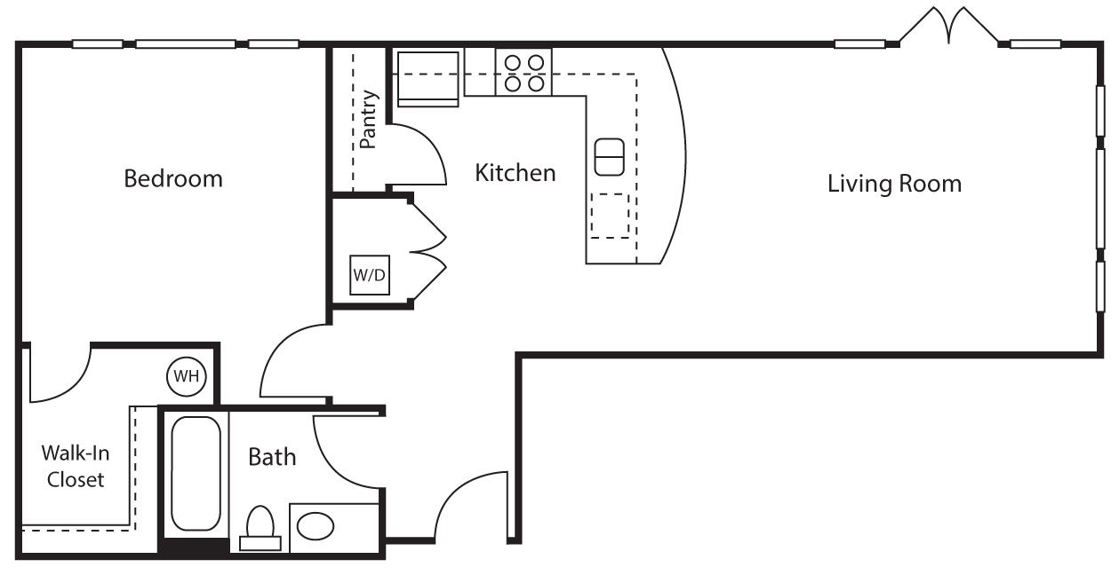 Floor plan for 1 bed, 1 bath, 708 sqft