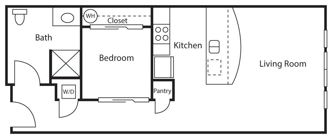 Floor plan for 1 bed, 1 bath, 525 sqft