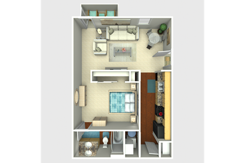 Floor plan for studio, 1 bath, 634 sqft