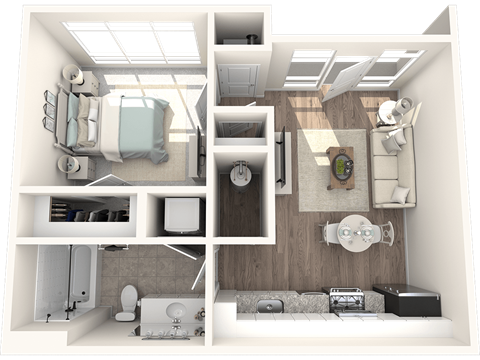 Floor plan for 1 bed, 1 bath, 553 sqft