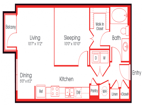 Floor plan for 1 bed, 1 bath, 607 sqft