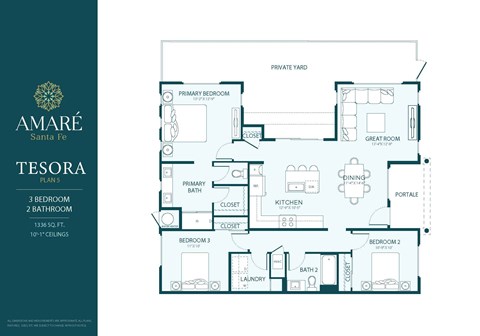 Floor plan for 3 beds, 2 baths, 1336 sqft