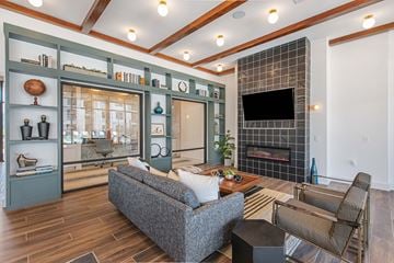 Midland apartment for rent - A living room with a grey couch and a fireplace.