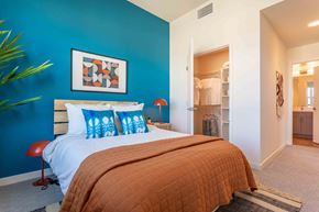 San Jose apartment for rent - A bedroom with a bed and a blue wall.